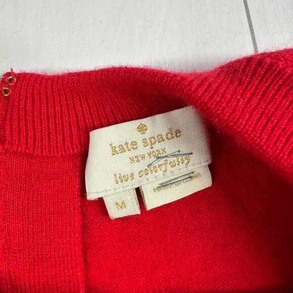 Kate Spade Sweater Womens Medium Red Bow 3/4 Sleeve Wool Cashmere Crew Fitted - Picture 3 of 9